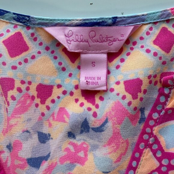 Lilly Pulitzer Womens 100% Silk Tunic Small Pink Blue Floral Print Long Sleeve - Picture 5 of 5